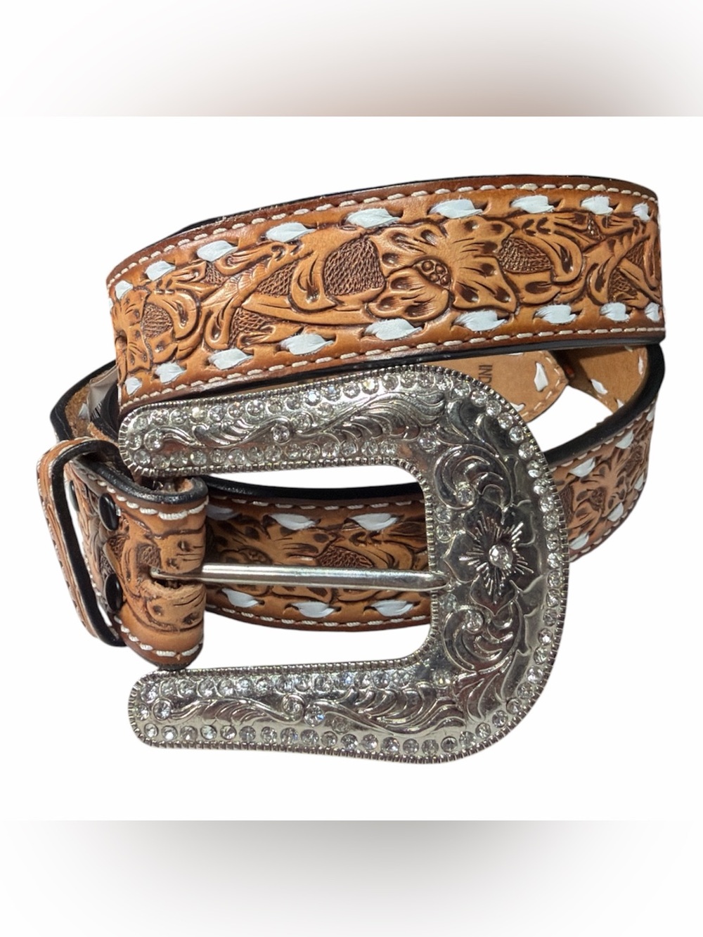 NWT Angel Ranch Western-Style Hand Tooled Leather Belt w/ White Inlay - Tan